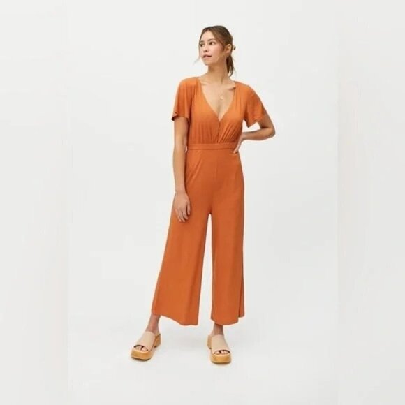 Allison + UO Orange Allison Wide Leg Ribbed Deep Plunge Backless Jumpsuit - Picture 1 of 11